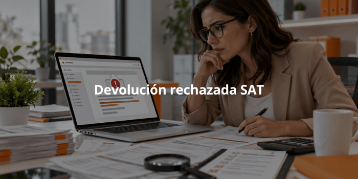 Contribuyente revisando una devolución rechazada SAT en su computadora